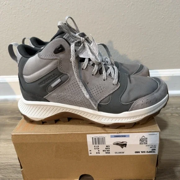 Merrell Tempo Sol Mid Hiking Boots Waterproof Grey Suede Men 9.5